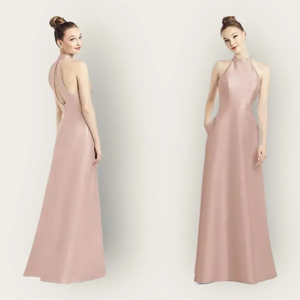 NWT | Alfred Sung | High-Neck Cutout Satin Dress | Toasted Sugar | 12R - Picture 1 of 15